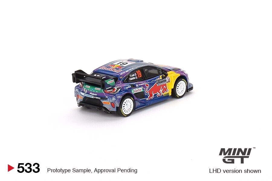 Mini GT Ford Puma Rally1 #19 M-Sport Ford WRT Red Bull Metal 1/64 Coche fundido a presión