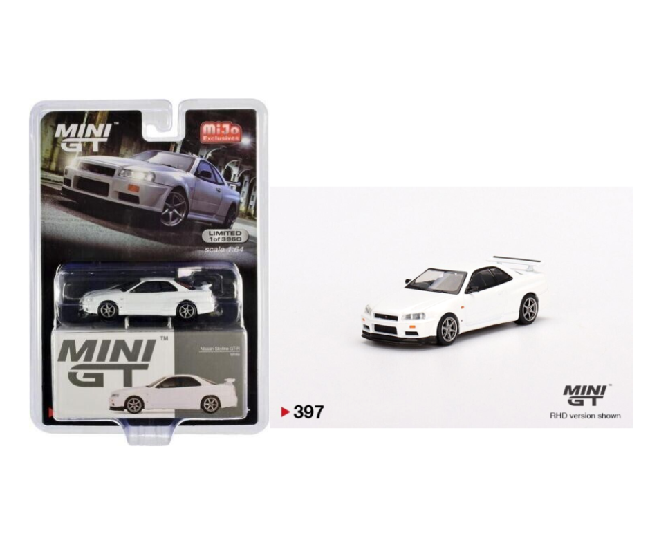 Mini GT Nissan Skyline GT-R (R34) v-spec JDM escala 1:64, juguetes de modelo de coche fundido a presión