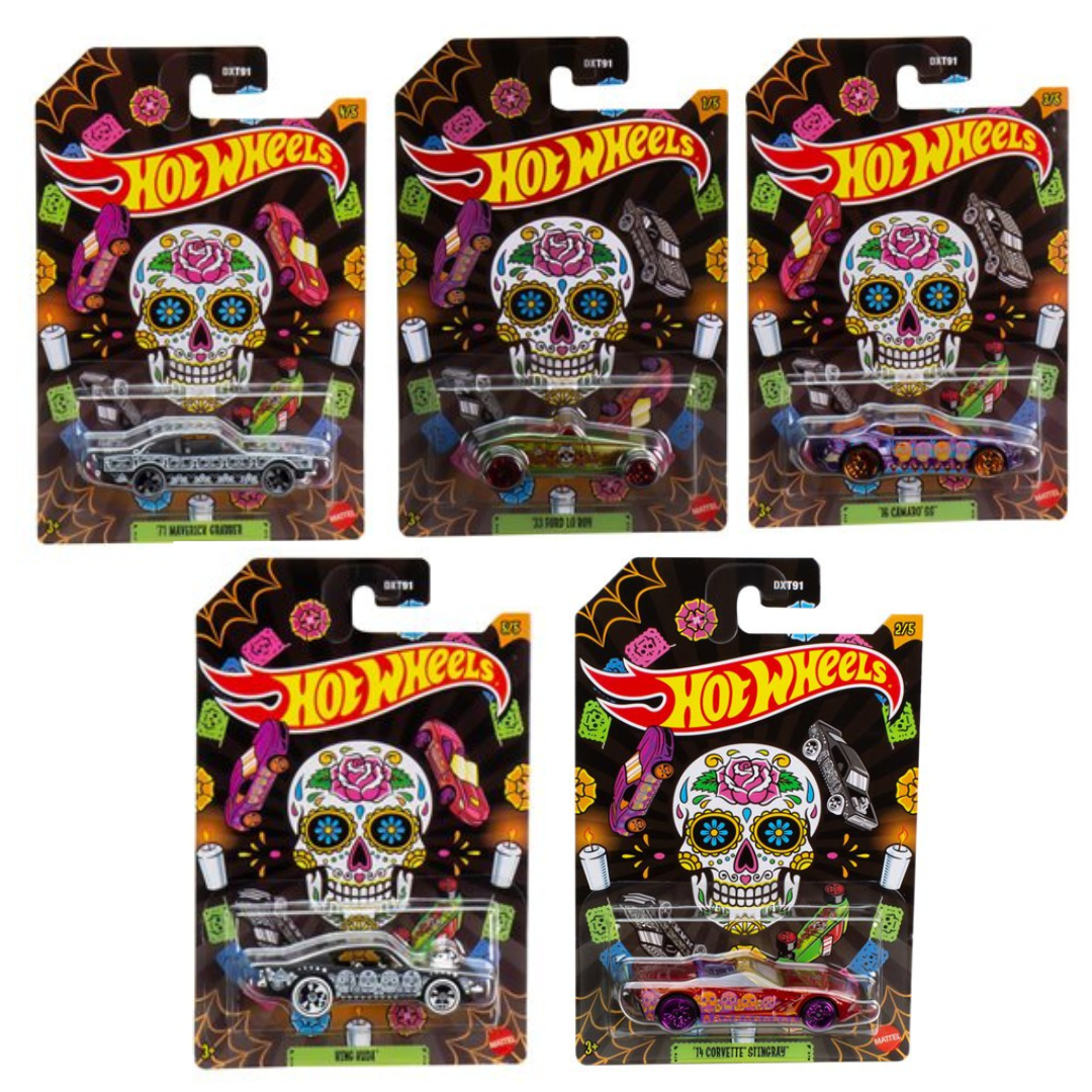 Hot Wheels 2023 Calavera de Halloween, juego de 5 coches, escala 1:64, juguetes de modelo de coche fundido a presión